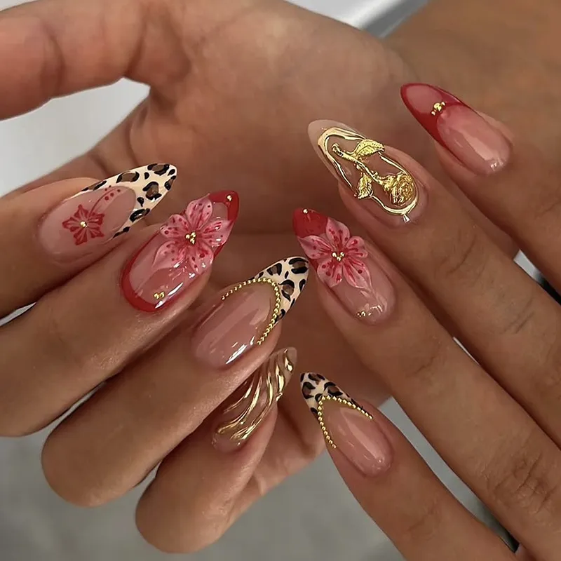 Nailhour 24Pcs Multicolo Leopard French Medium Almond Press On Nails