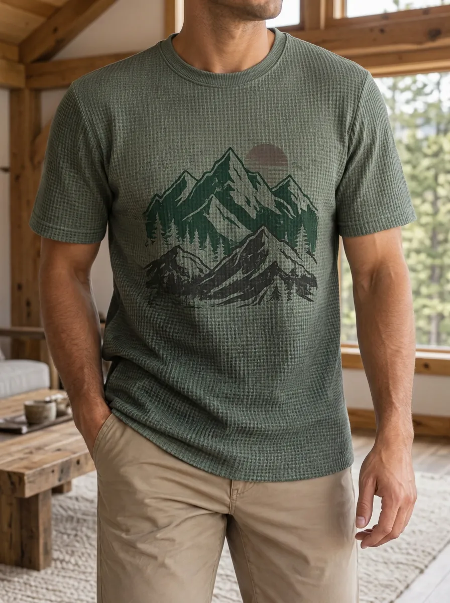 Men's Outdoor Adventure Mountain Forest Waffle Modern Crew Neck T-Shirt