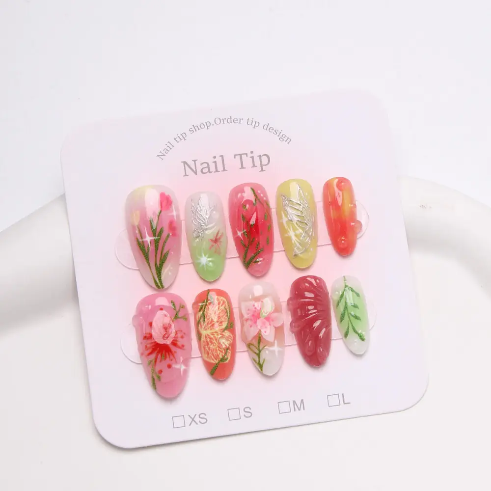 Nailhour 30Pcs 3D Floral Resin Medium Almond Press On Nails