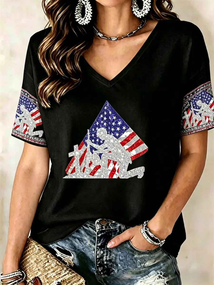 Women's America's 250th Anniversary Stand For The Flag Kneel For The Cross Faith Christian Cross Print T-Shirt