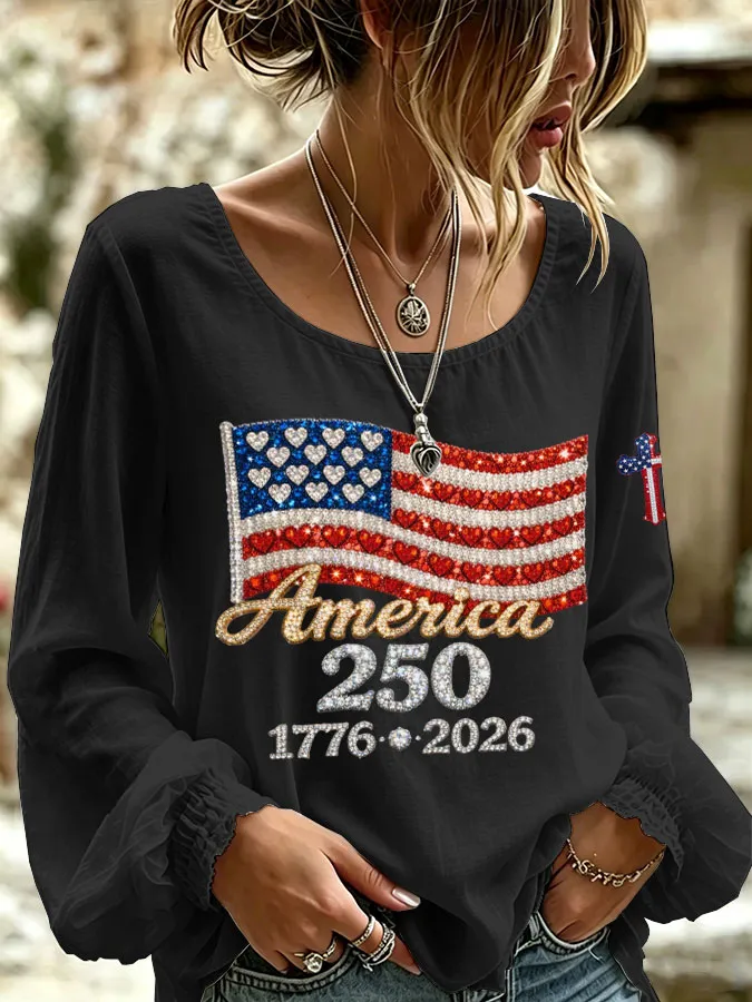 Women'S America Flag Printed Casual Cotton And Linen Top