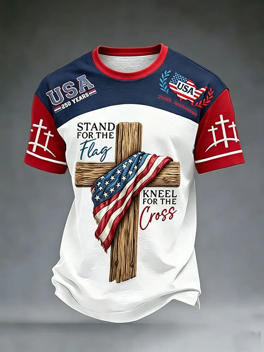 Men's America's 250th Anniversary Stand For The Flag Kneel For The Cross Faith Christian Cross Print T-Shirt