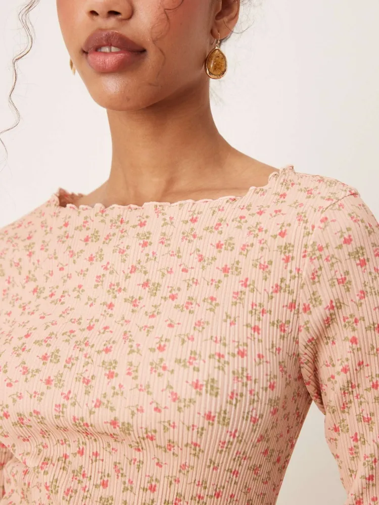 Ribbed Floral Long Sleeve Dress