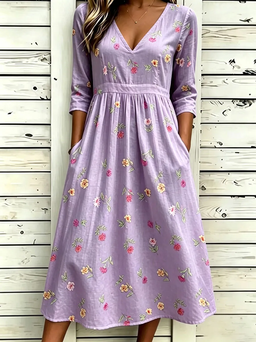 Women'S Cotton And Linen Casual Printed Dress