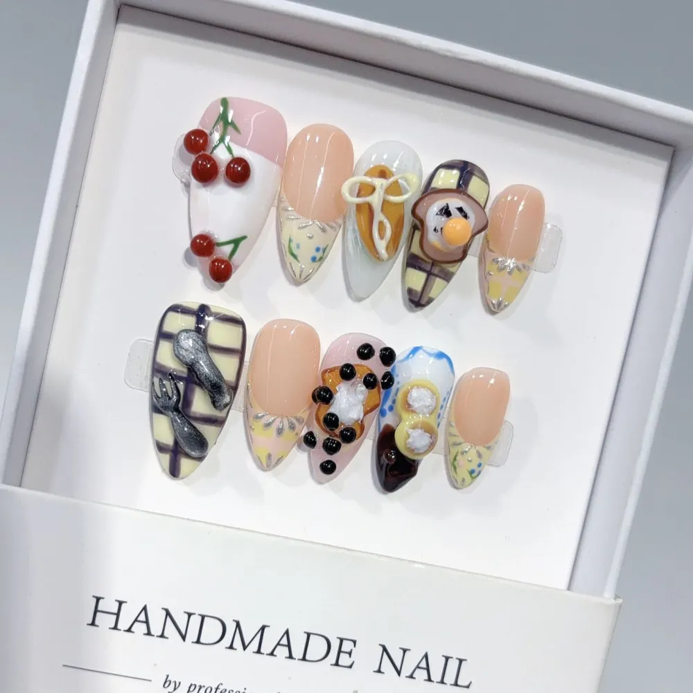 Nailhour 10Pcs Handmade 3D Medium Almond French Press On Nails