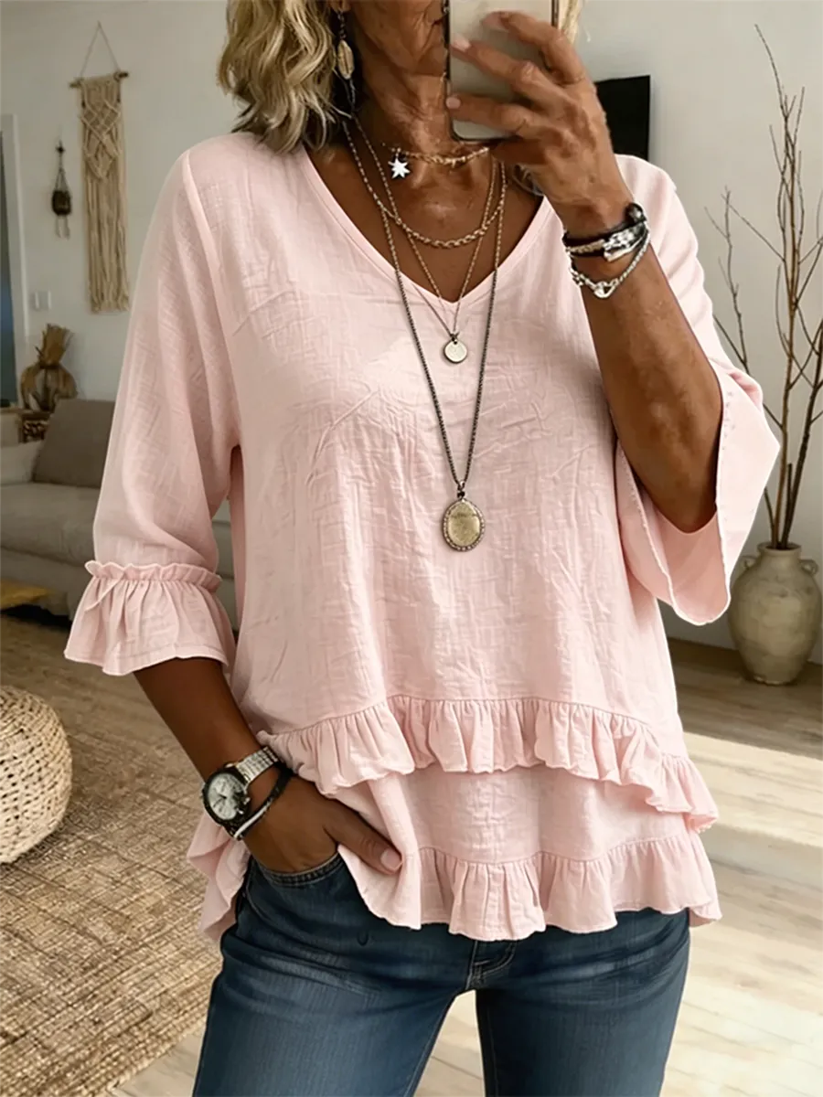 Women's Linen Blend Ruffle Hem V-Neck 3/4 Sleeve Casual Blouse