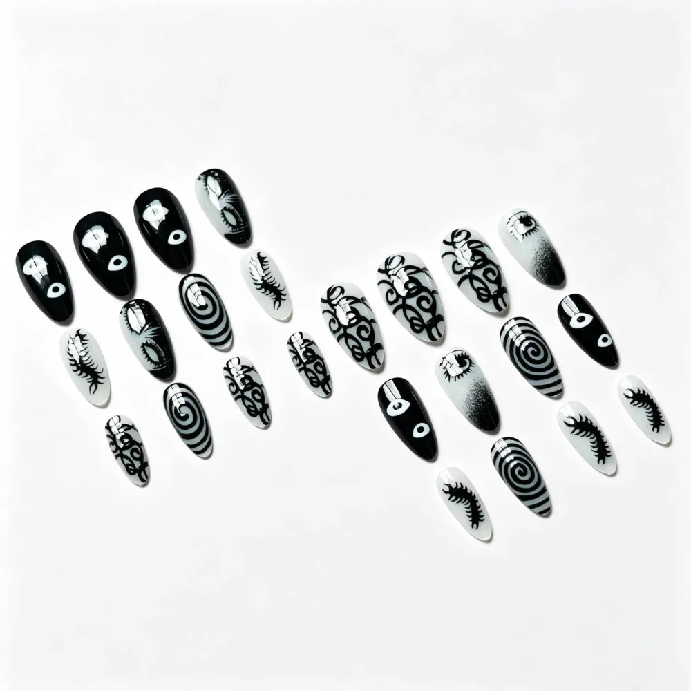 Nailhour 24Pcs Black Gothic Vintage Medium Almond Press On Nails