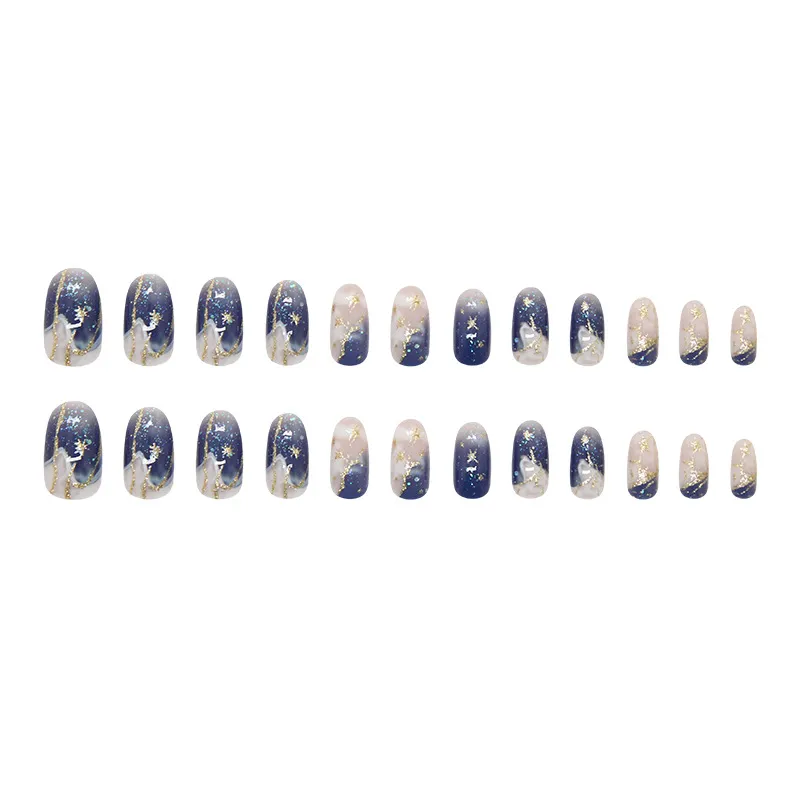 Nailhour Oval Gradient Glitter 24Pcs Blue Almond Cool Press On Nails