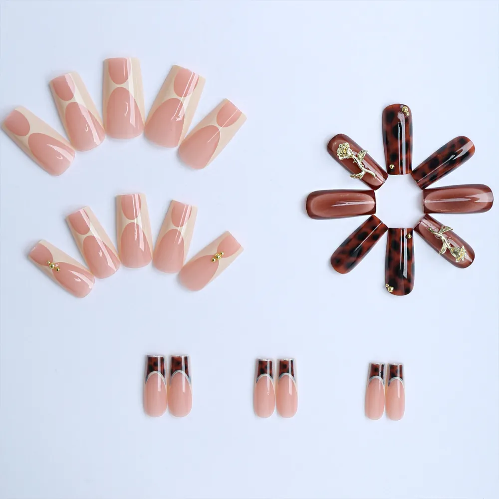 Nailhour 24Pcs Minimalist French Medium Leopard Print Press On Nails