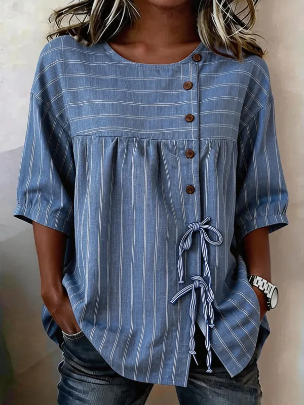 Women'S Casual Striped Printed Cotton Linen Short Sleeved Shirt