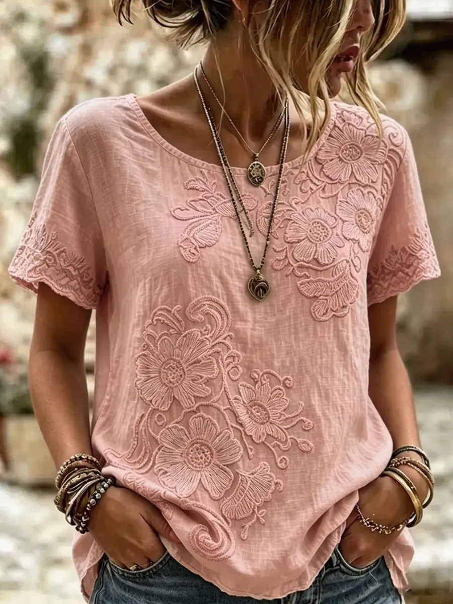 Women's White Floral Print Short Sleeve Shirt
