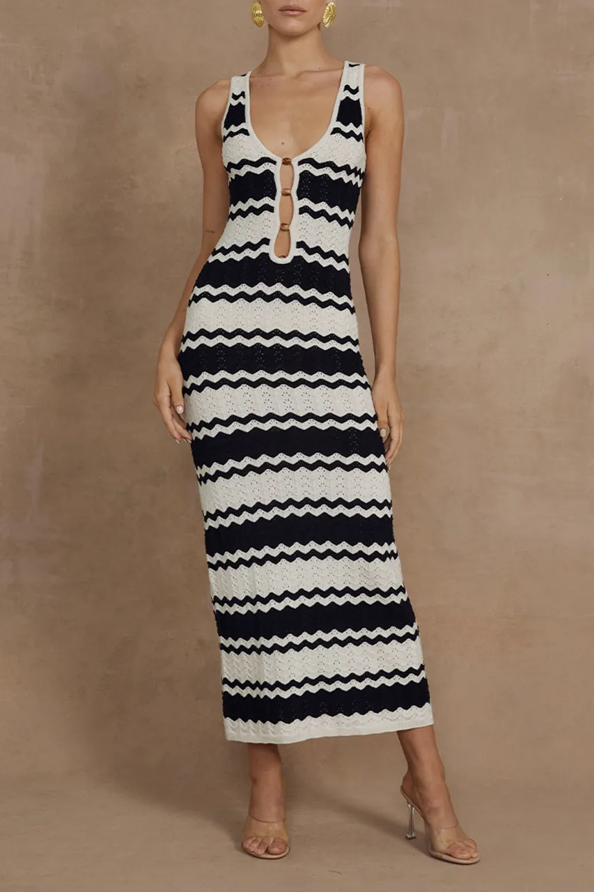 Striped Sleeveless Cut Out Midi Dress