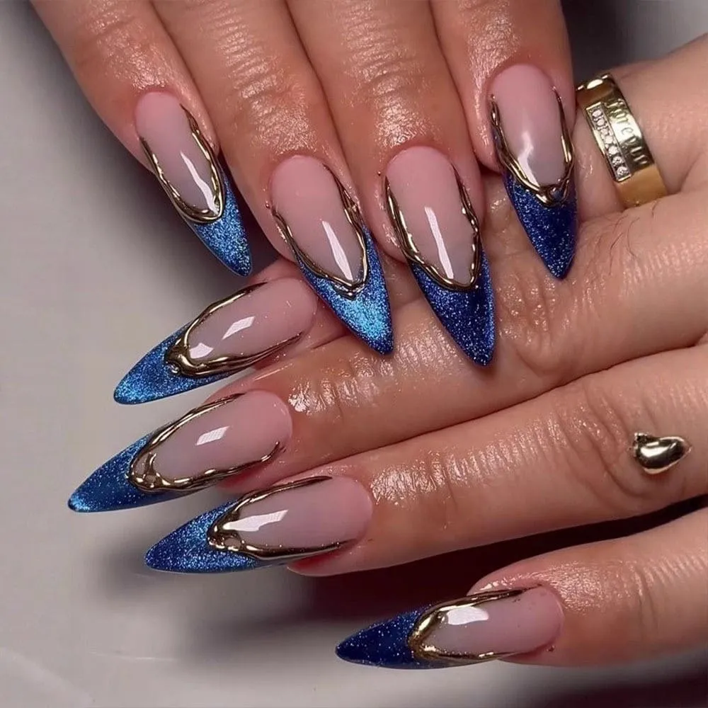 Nailhour 24Pcs Party Cat Eye French Gilded Blue Medium Stiletto Press On Nails