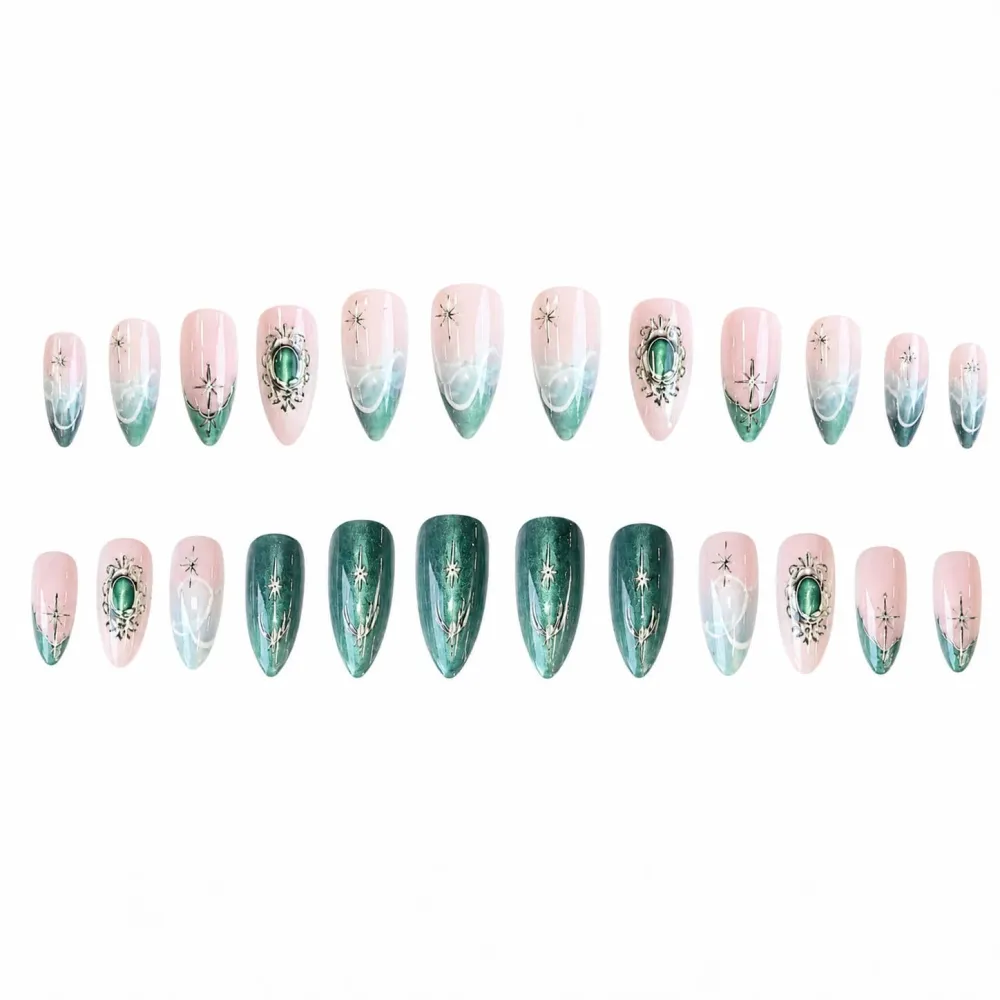 Nailhour 24Pcs 3D Gilded Green Medium Almond Press On Nails