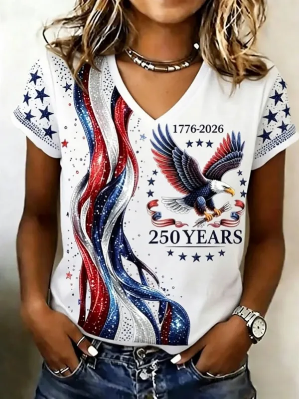 Retro 250th Anniversary Glitter Design Women's V Neck T-Shirt