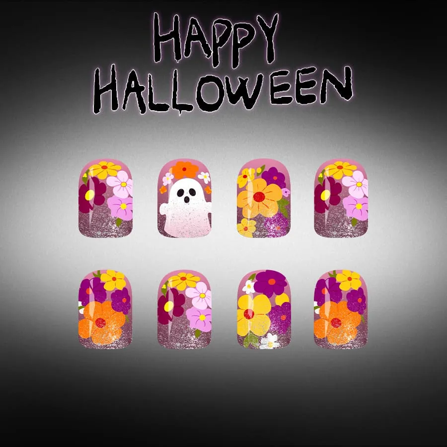 Nailhour 24Pcs Cute Ghost Halloween Multicolor Glitter Short Square Press On Nails