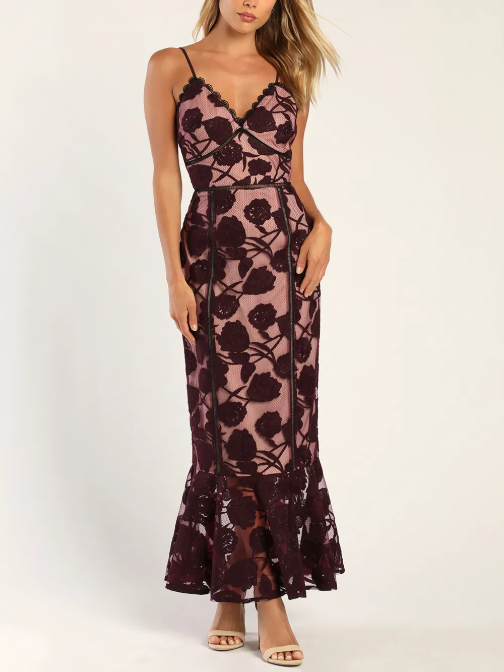 Navy Blue Floral Mesh Lace Trumpet Midi Dress