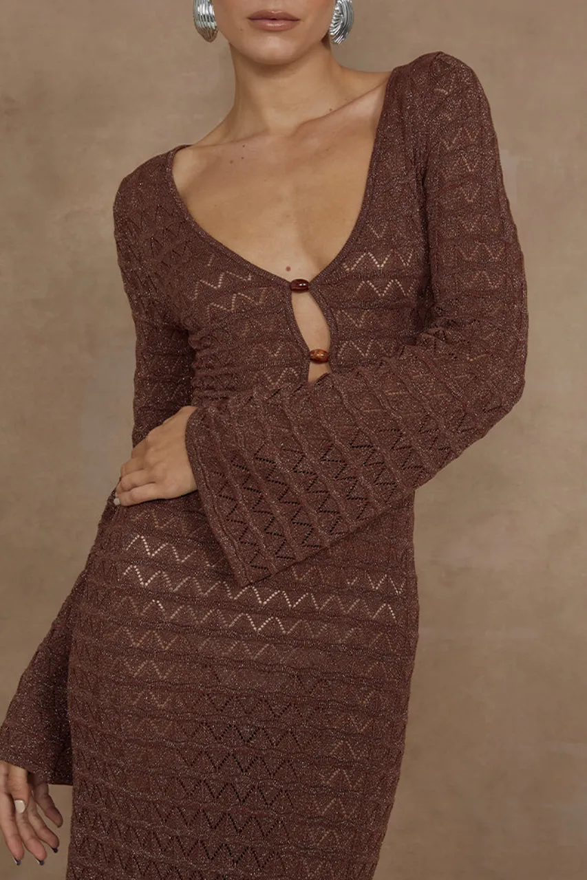 Long Sleeve Button Detail Knit Midi Dress