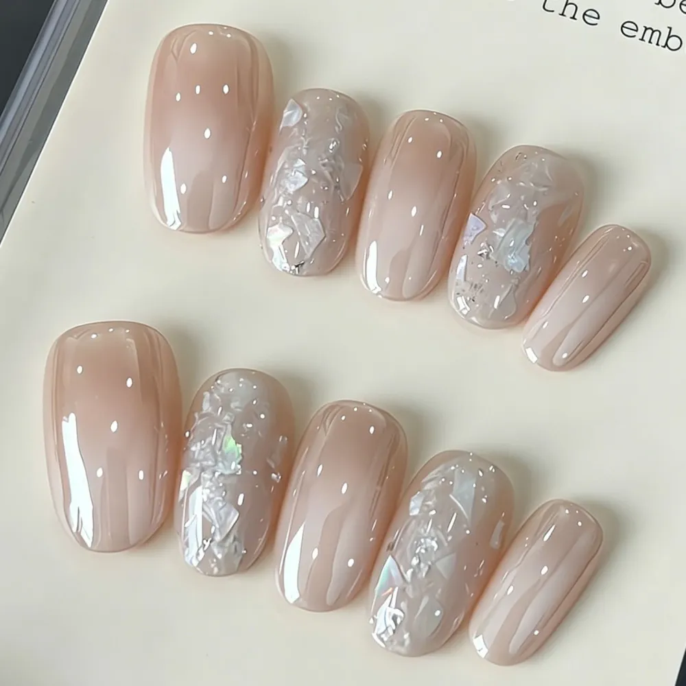Nailhour 10Pcs Glitter French Minimalist Nude Date Medium Squoval Press On Nails