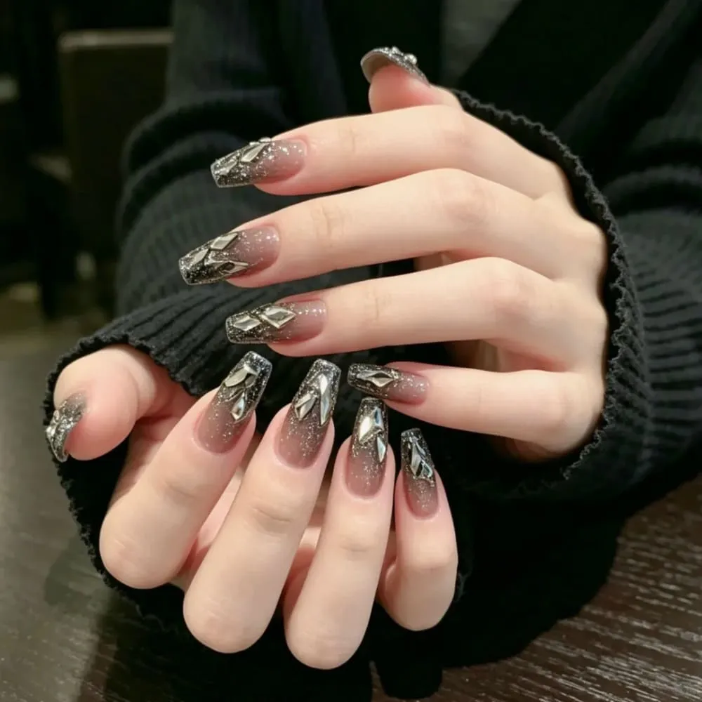 Nailhour 24Pcs Black 3D Rhinestone French Medium Coffin Gilded Press On Nails