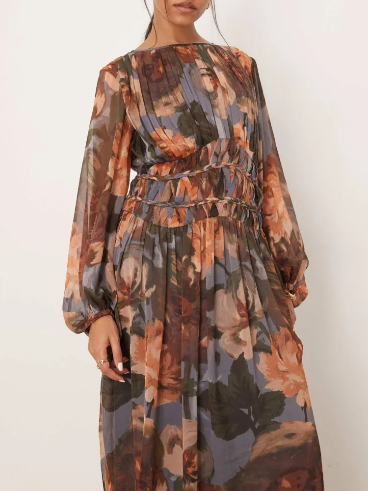 Pleated Detail Floral Maxi Dress