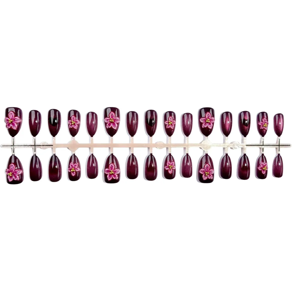 Nailhour 30Pcs Autumn Floral 3D Medium Almond French Purple Press On Nails