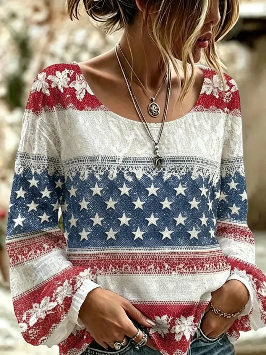 Women'S Retro American Flag Floral Art Printed Long Sleeved T-Shirt