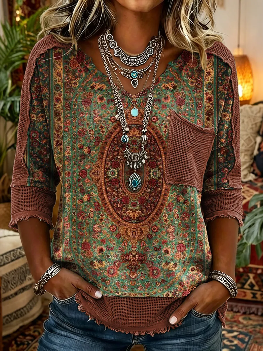 Women's Retro Ethnic Totem Art Print Casual Three-quarter Sleeve V-neck Patchwork Cotton Linen Shirt