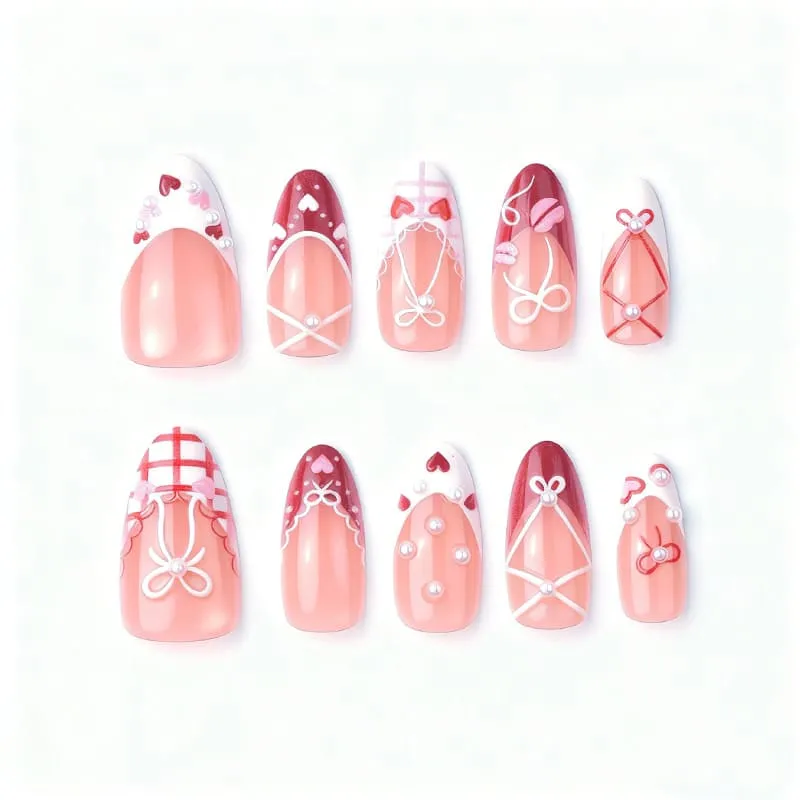 Nailhour 30Pcs Bow 3D Medium Sweet Almond French Press On Nails