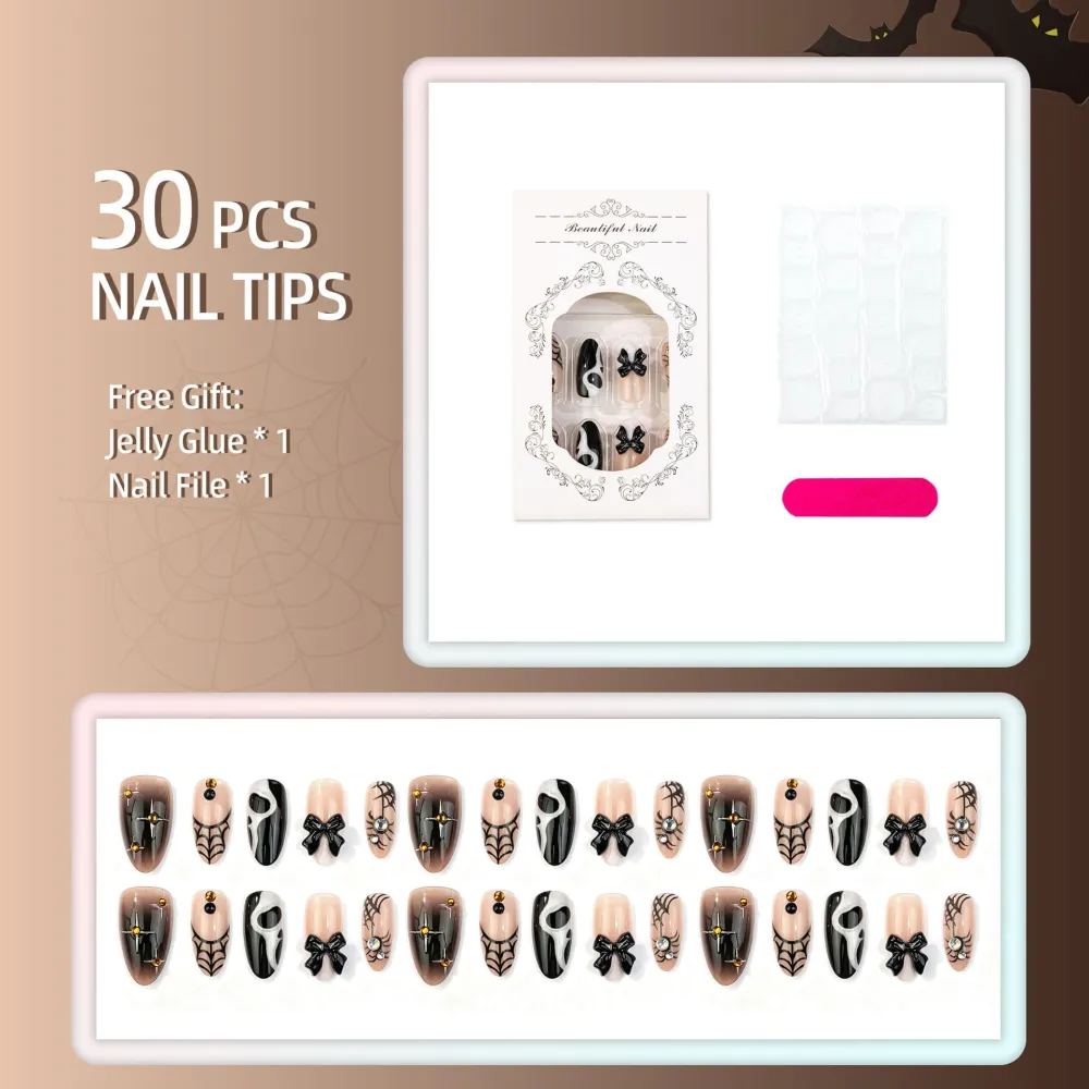 Nailhour 30Pcs Halloween Gilded 3D Medium Almond Dark Press On Nails
