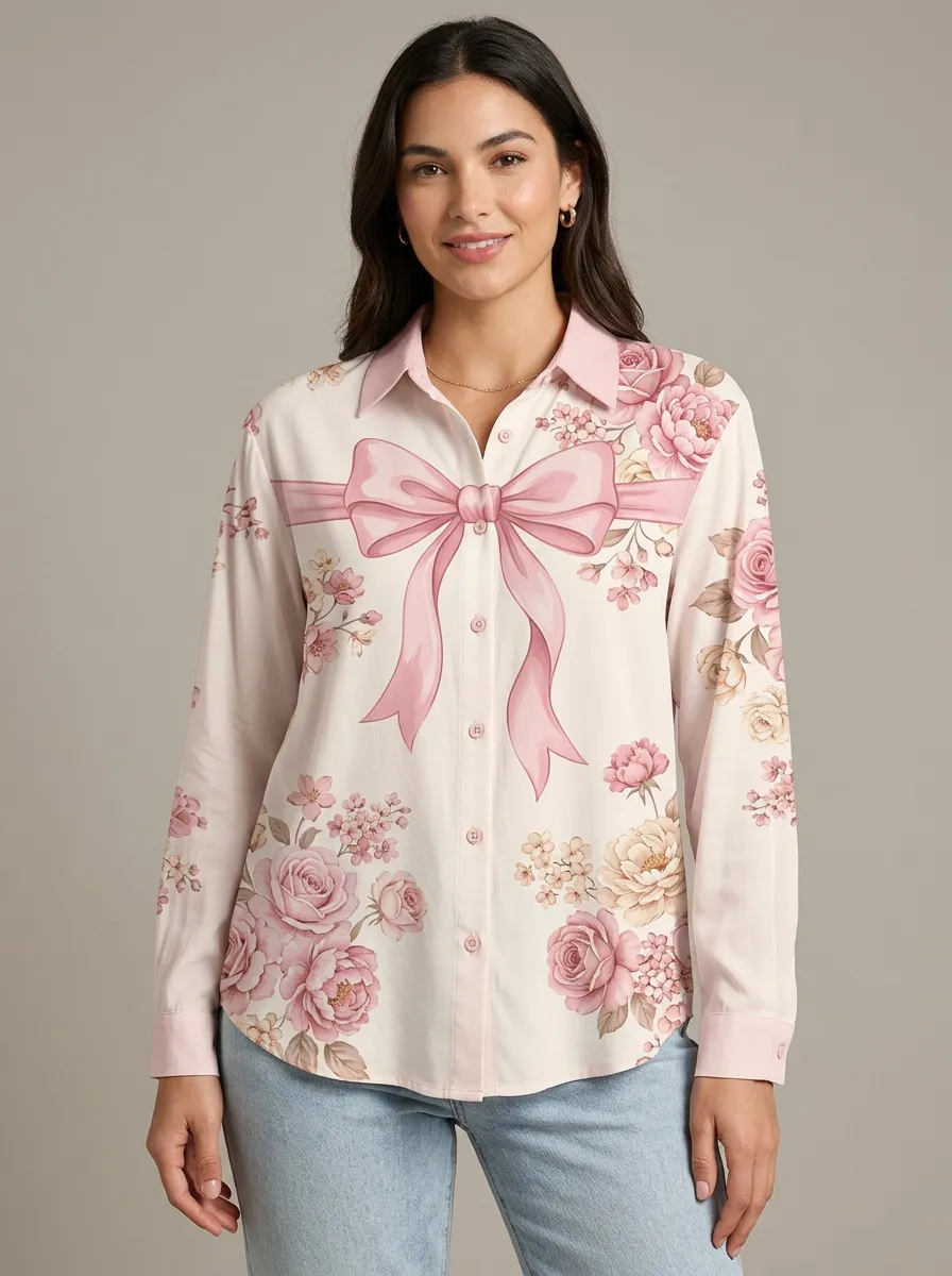 Women's Breast Cancer Awareness Pink Ribbon Floral Printed Button-Up Shirt