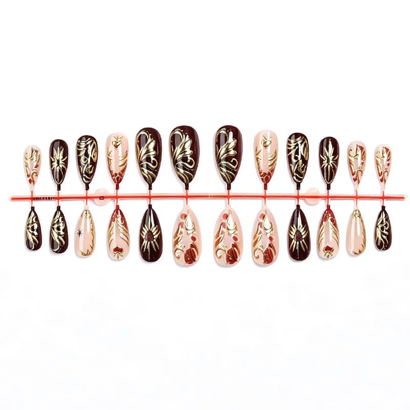 Nailhour 24Pcs Gilded Floral Red Medium Almond Press On Nails