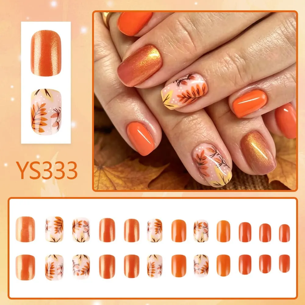 Nailhour 24Pcs Autumn French Short Square Glitter Press On Nails