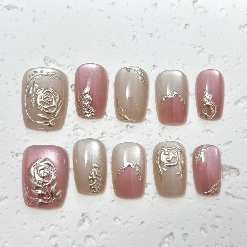 Nailhour 30Pcs Floral Rose Gilded Medium Square French Press On Nails