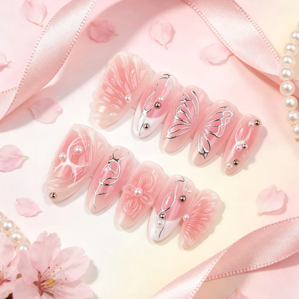 Nailhour 30Pcs Floral French 3D Gilded Medium Almond Press On Nails