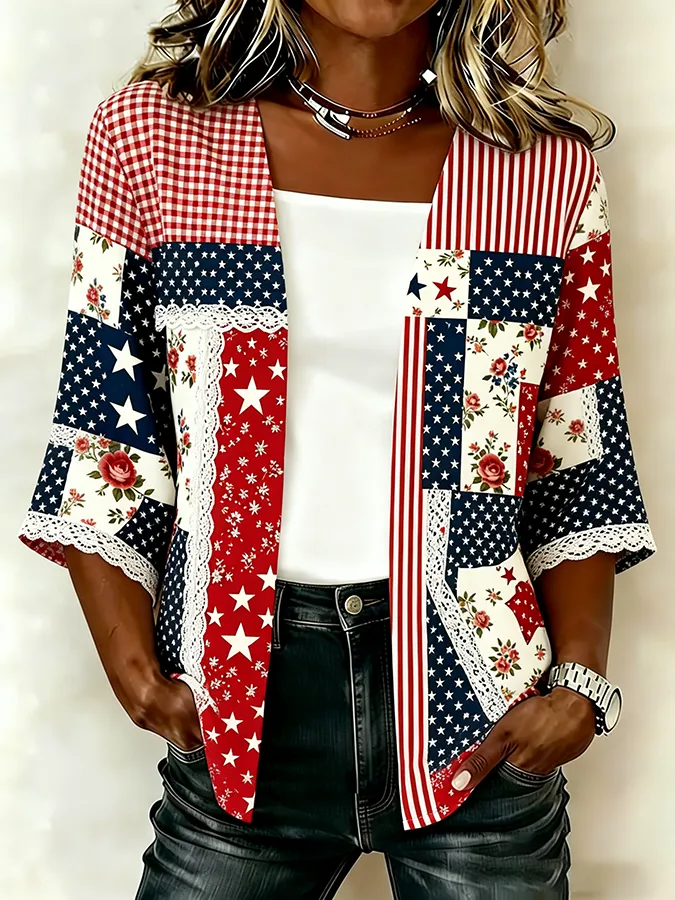 Women'S Casual Loose Independence Day Patriotic Cardigan