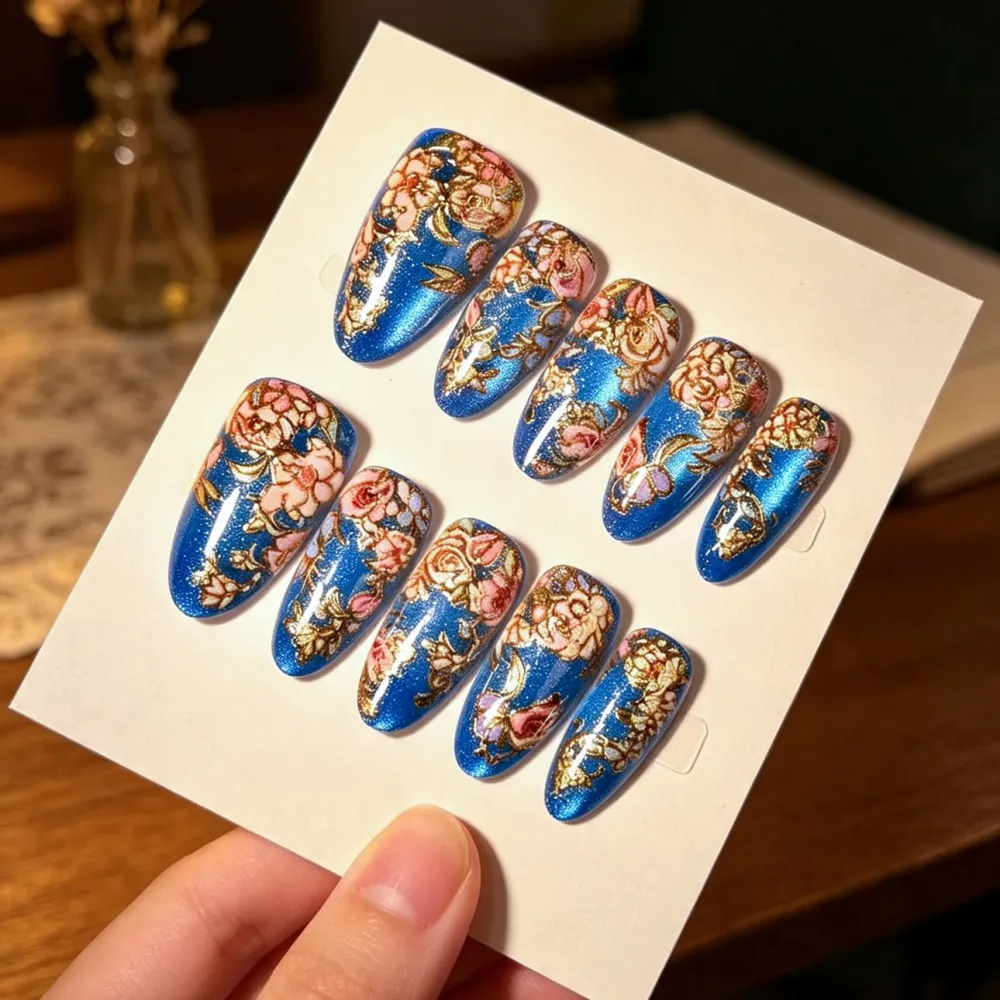 Nailhour 30Pcs Blue Cat Eye Medium Almond French Press On Nails