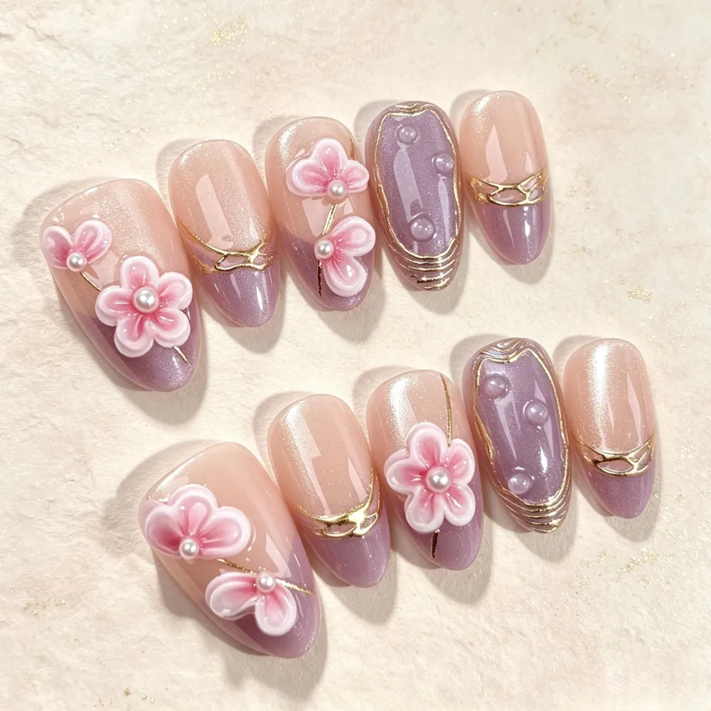 Nailhour 30Pcs French Cat Eye Gilded Medium Almond Press On Nails