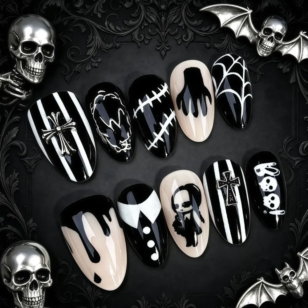 Nailhour 30Pcs Halloween Dark Metallic Medium Almond French Press On Nails
