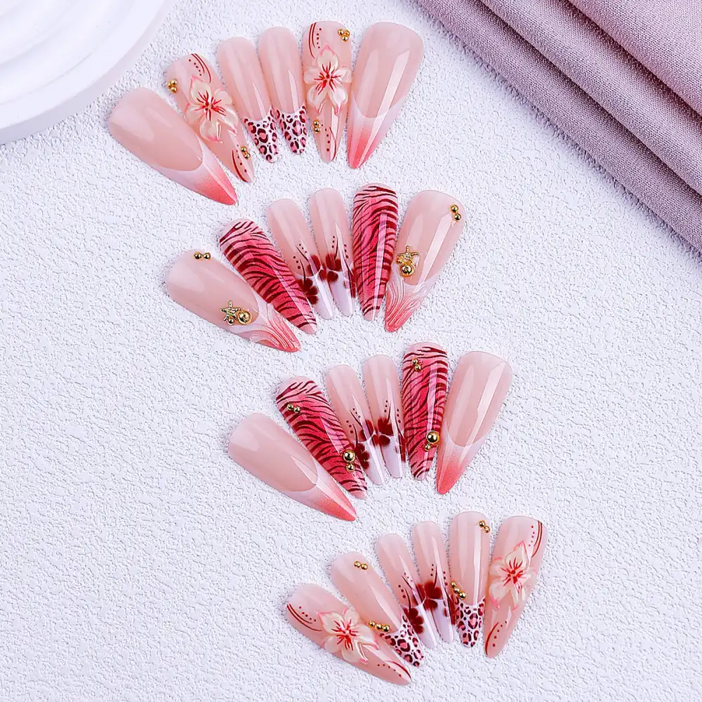 Nailhour 24Pcs Pink Leopard Print Medium Almond French Press On Nails