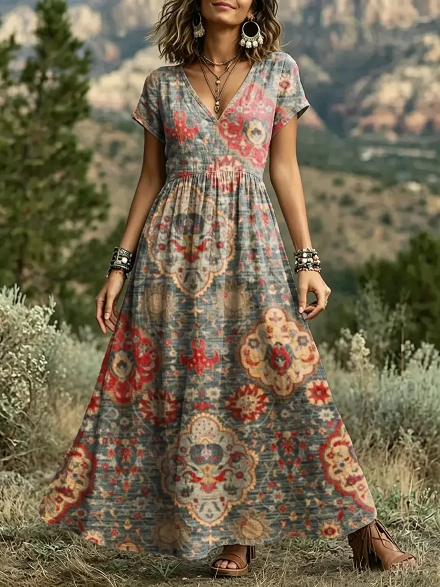 Women'S Bohemian Ethnic Printed Cotton V-Neck Dress