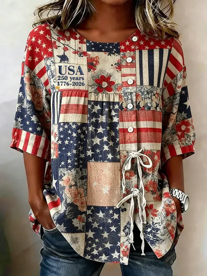 Women'S Retro Independence Day Flag Flower Art Casual Short Sleeved Shirt