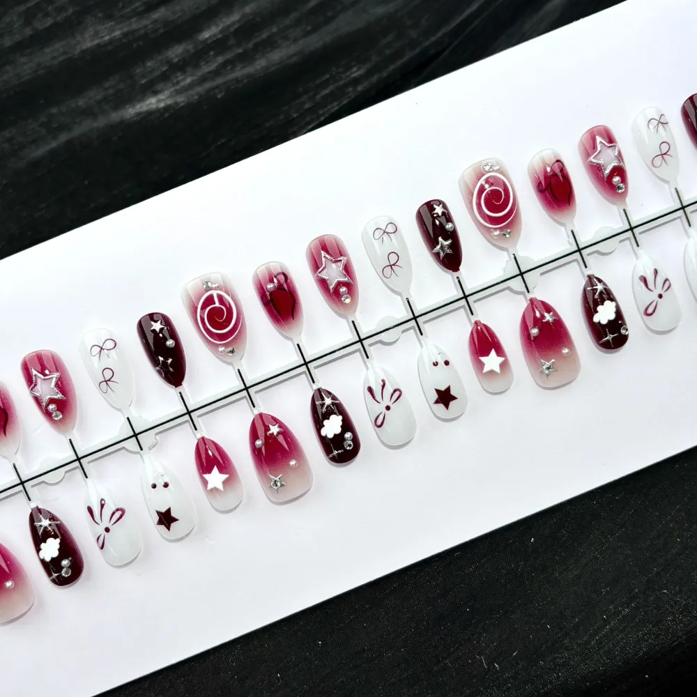 Nailhour 30Pcs Floral 3D Medium Gradient Gilded Almond French Press On Nails