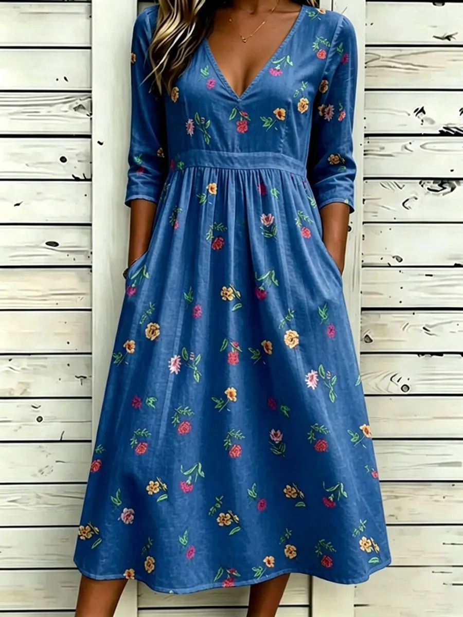 Women'S Cotton And Linen Casual Printed Dress