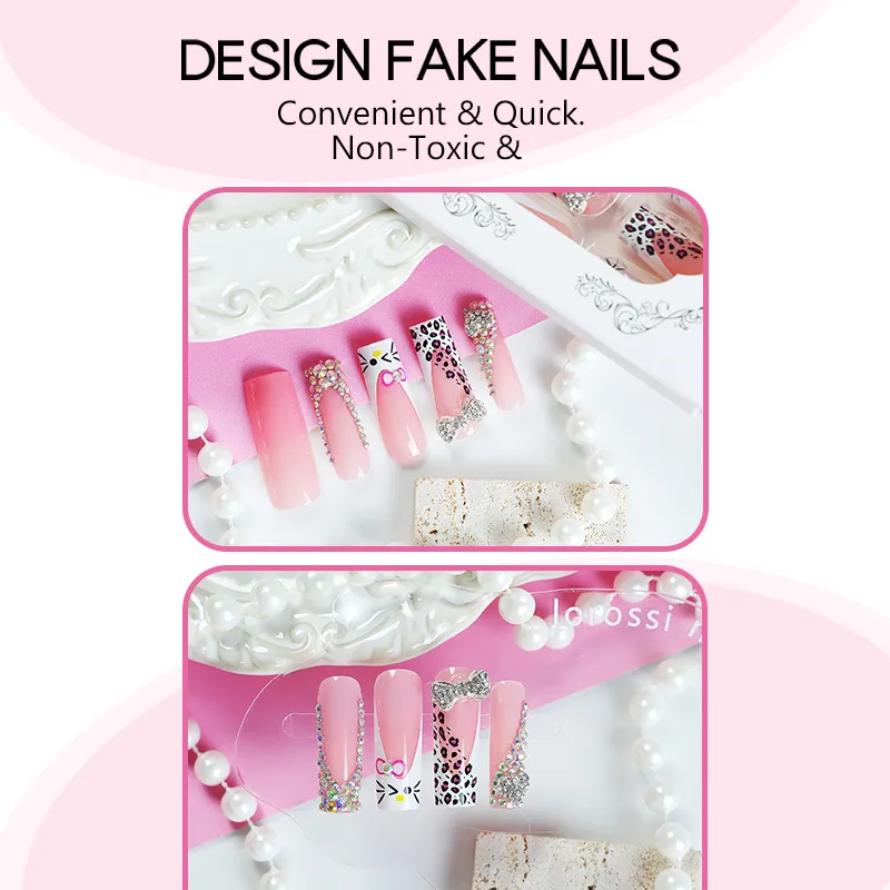 Nailhour Handmade 24Pcs Cute Leopard Cat Long Square Rhinestone Press On Nails