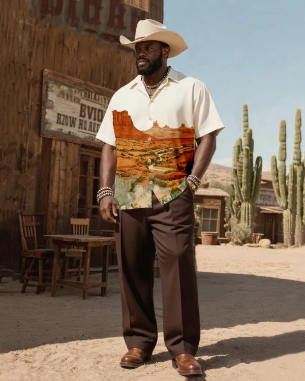 Men'S Western Wind Desert Gold Rush Map Printing-Cuban Collar Short Sleeve Shirt