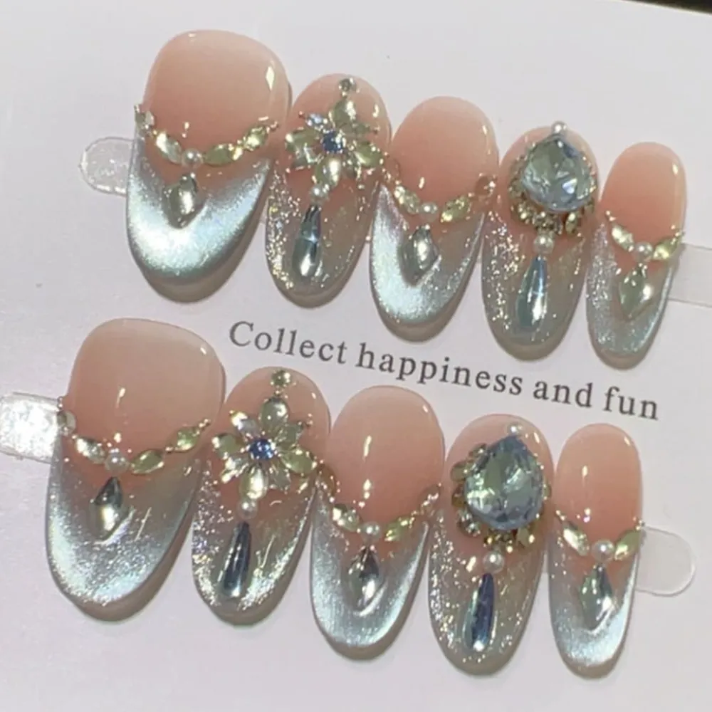 Nailhour 10Pcs French Gradient Rhinestone Cat Eye 3D Blue Medium Oval Press On Nails