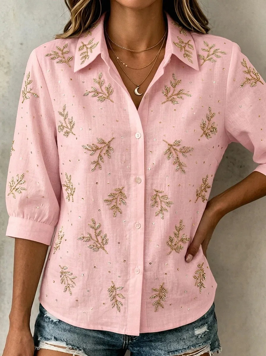 Women's Breast Cancer Awareness Gold Leaf Sequin Embroidered Button-Down Shirt
