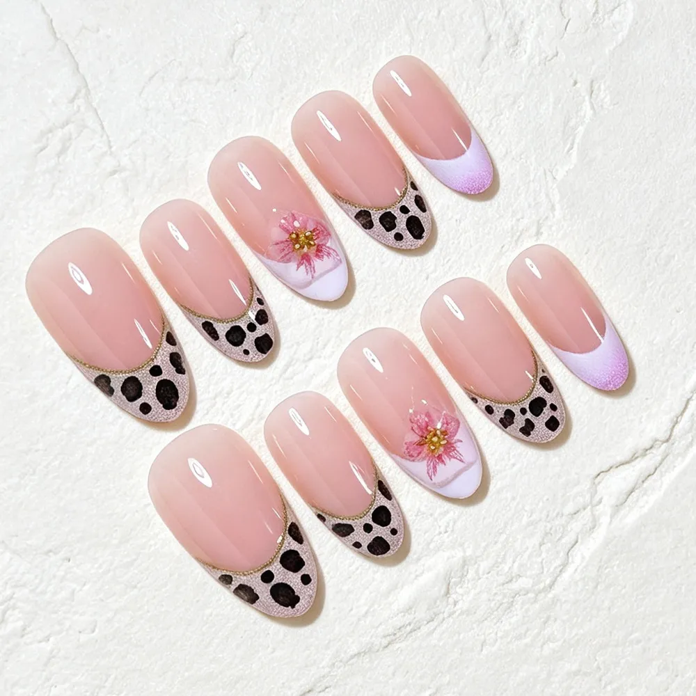 Nailhour 30Pcs Floral Retro Leopard Print Medium Almond Press On Nails