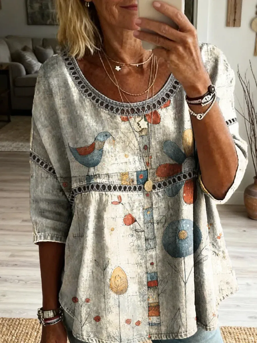 Women'S Casual Printed Cotton And Linen Hollow Top